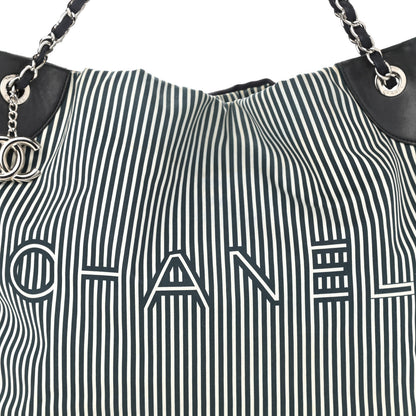 Chanel Striped Canvas Logo Tote Black 8 of 10
