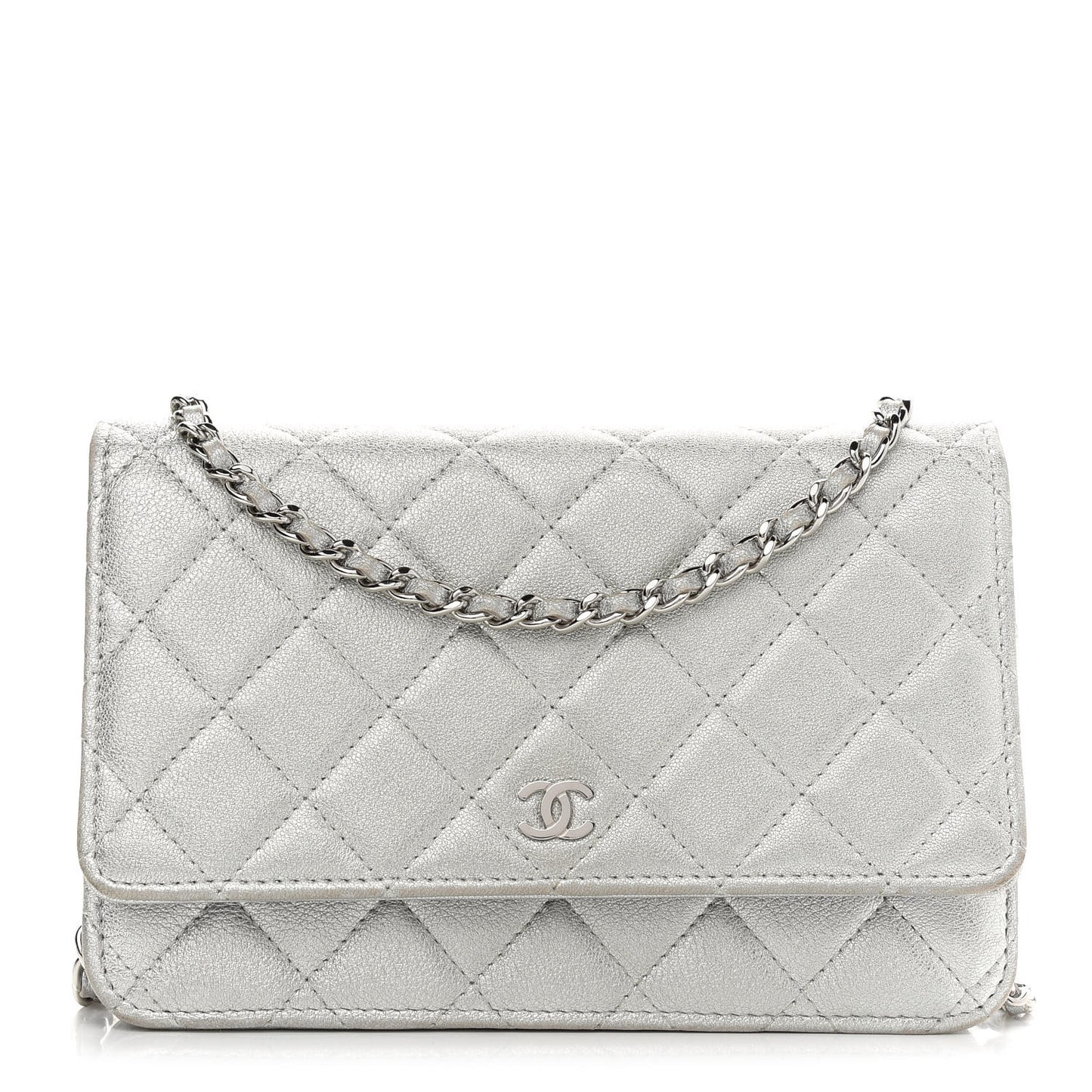 Metallic Lambskin Quilted Wallet On Chain WOC Silver