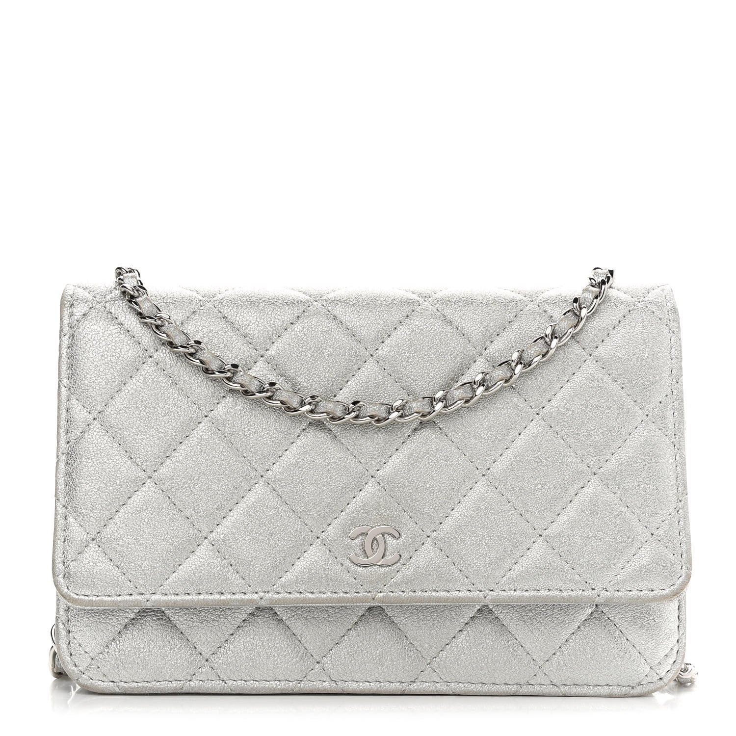 Chanel Metallic Lambskin Quilted Wallet On Chain WOC Silver 1 of 13