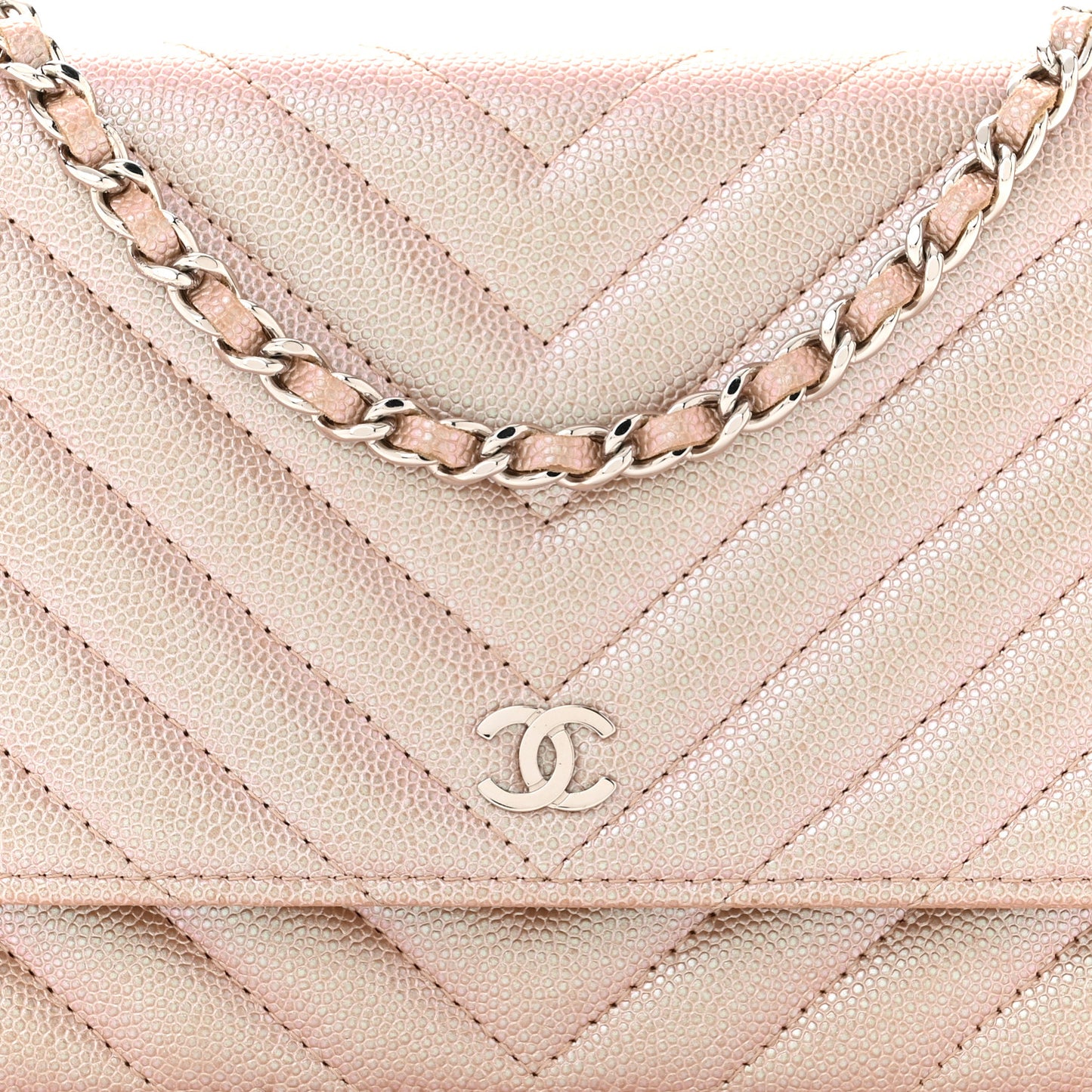 Metallic Caviar Chevron Quilted Wallet On Chain WOC Light Gold