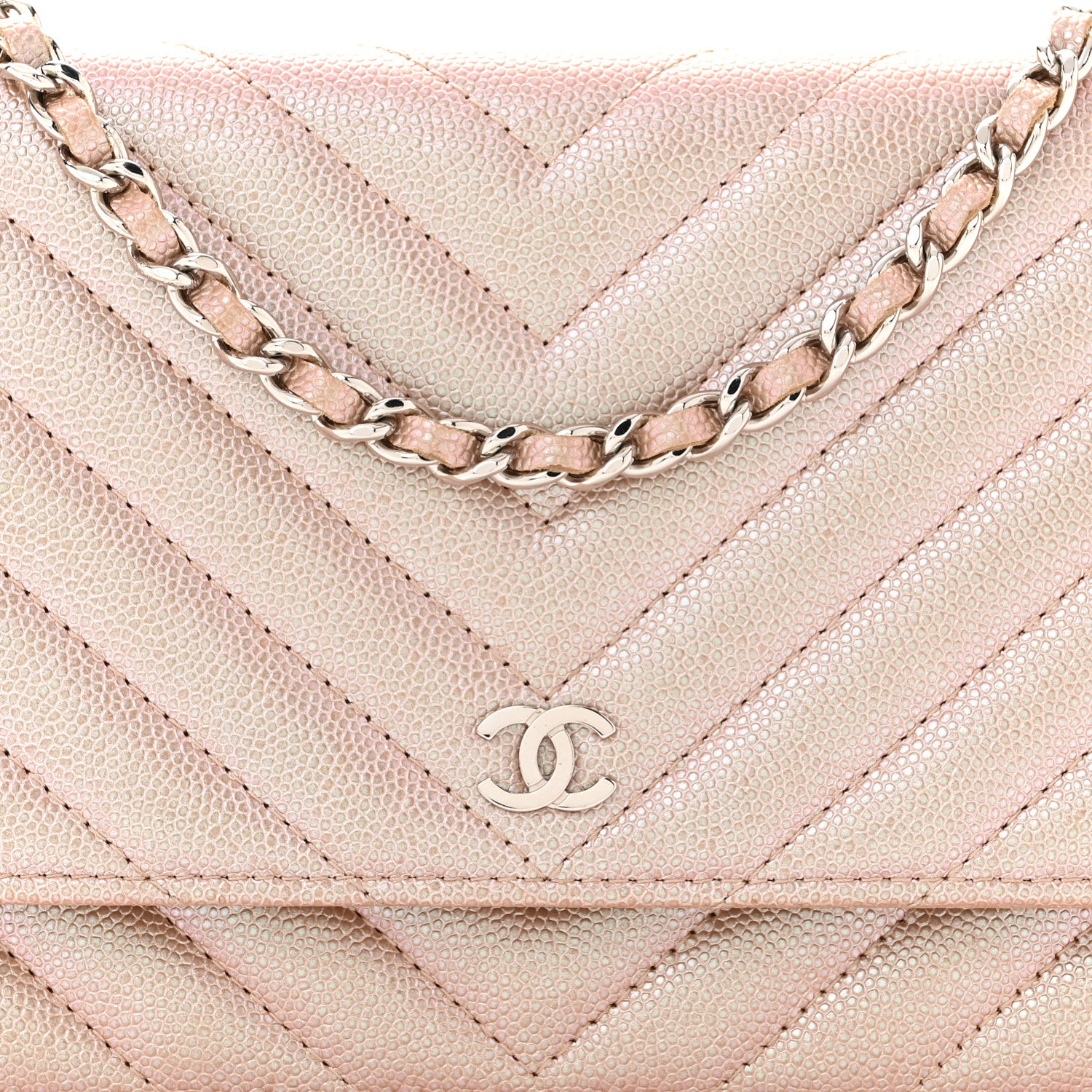 Chanel Metallic Caviar Chevron Quilted Wallet On Chain WOC Light Gold 9 of 12