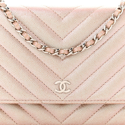 Chanel Metallic Caviar Chevron Quilted Wallet On Chain WOC Light Gold 9 of 12
