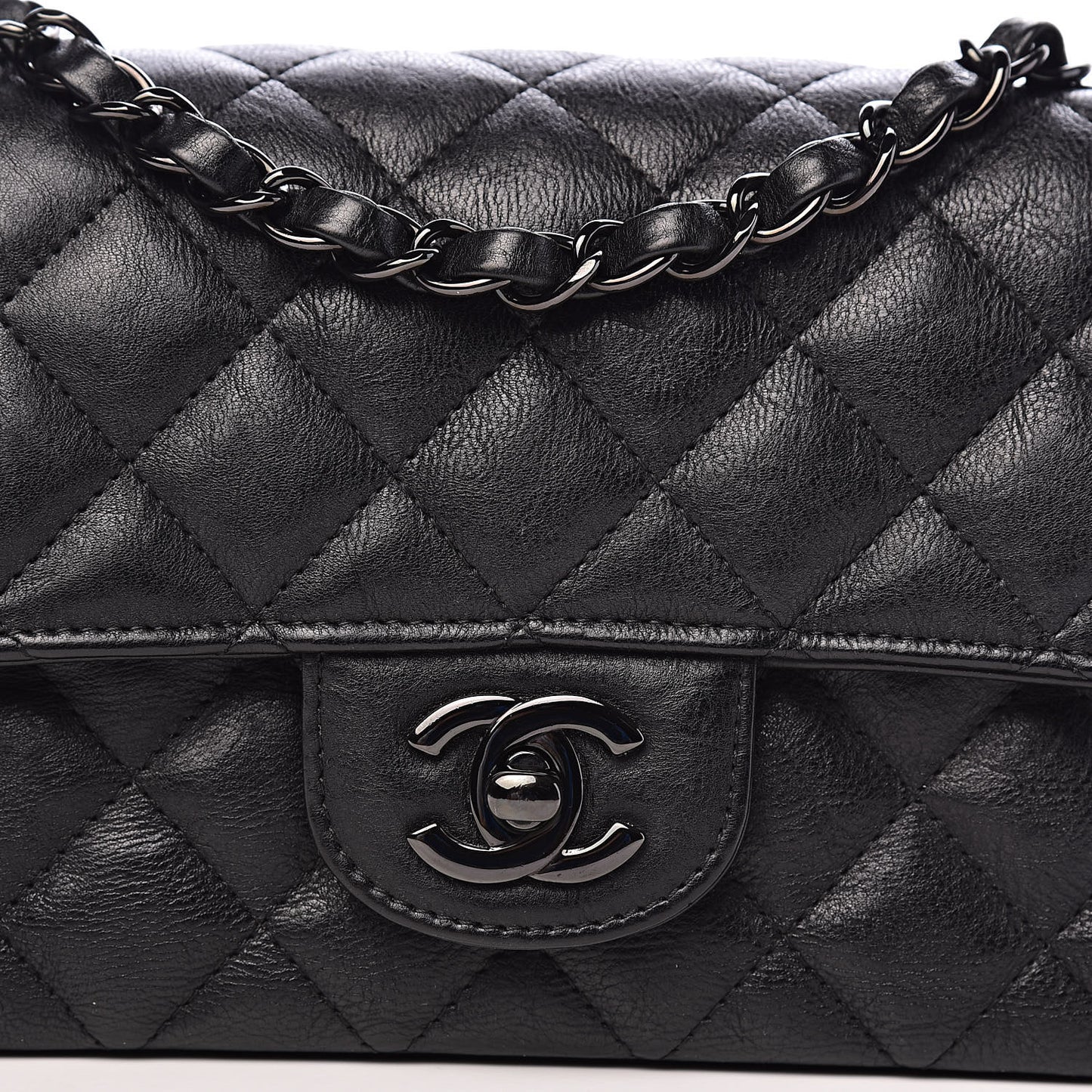 Crumpled Calfskin Quilted Mini Rectangular Flap So Black