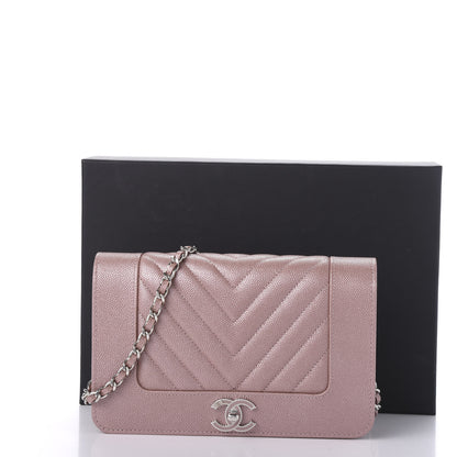 Chanel Metallic Caviar Chevron Quilted Vintage Mademoiselle Wallet On Chain WOC Pink 10 of 10