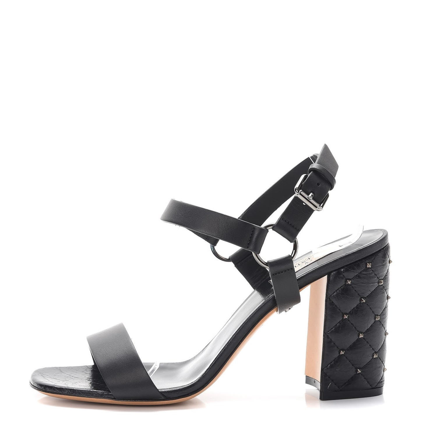 Calfskin Craquele Nappa Rockstud Spike 90mm Ankle Strap Sandals 39 Black