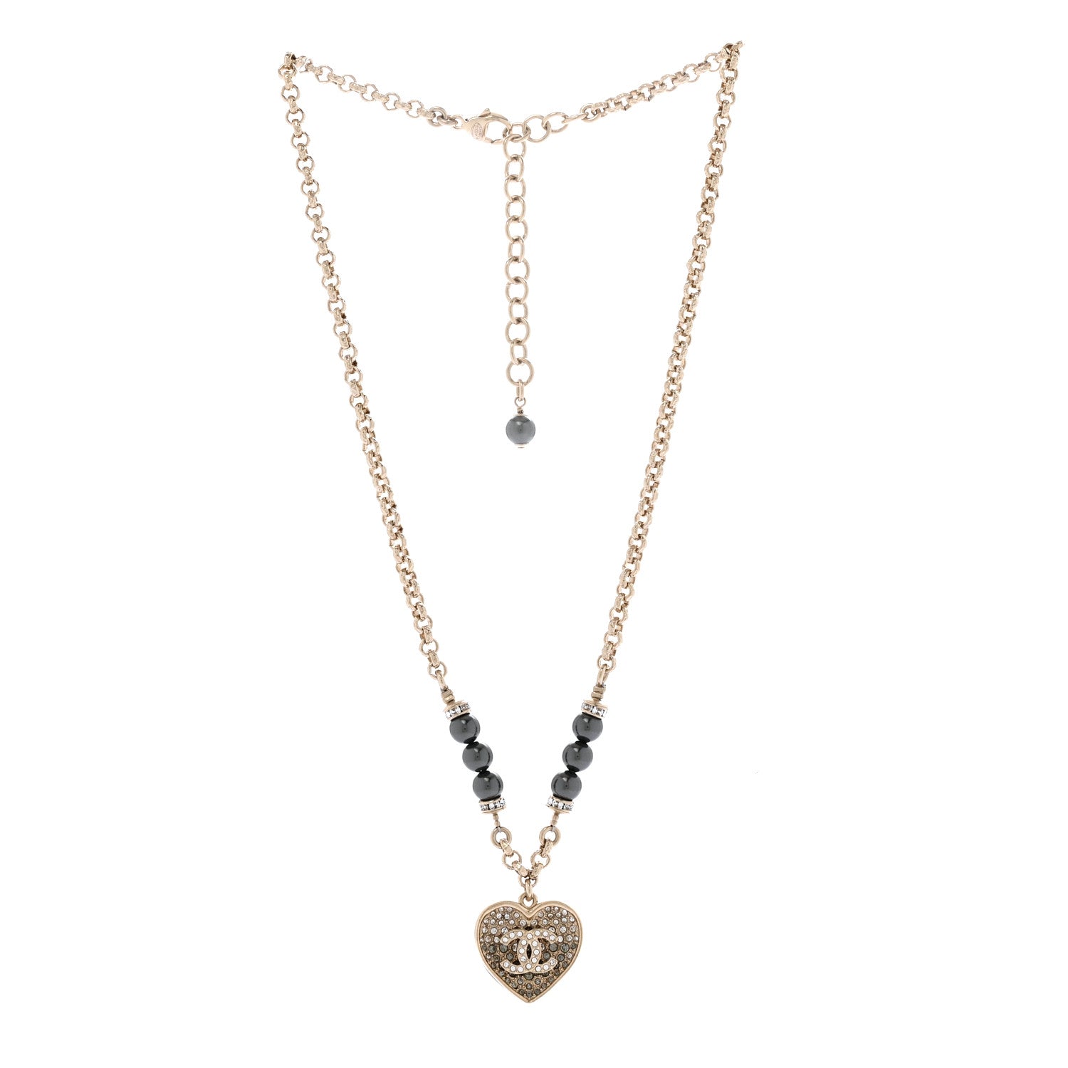 Chanel Pearl Resin Crystal Heart CC Pendant Chain Necklace Ruthenium Light Gold 3 of 5
