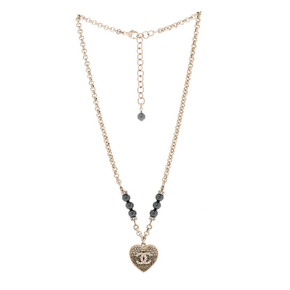 Chanel Pearl Resin Crystal Heart CC Pendant Chain Necklace Ruthenium Light Gold 3 of 5