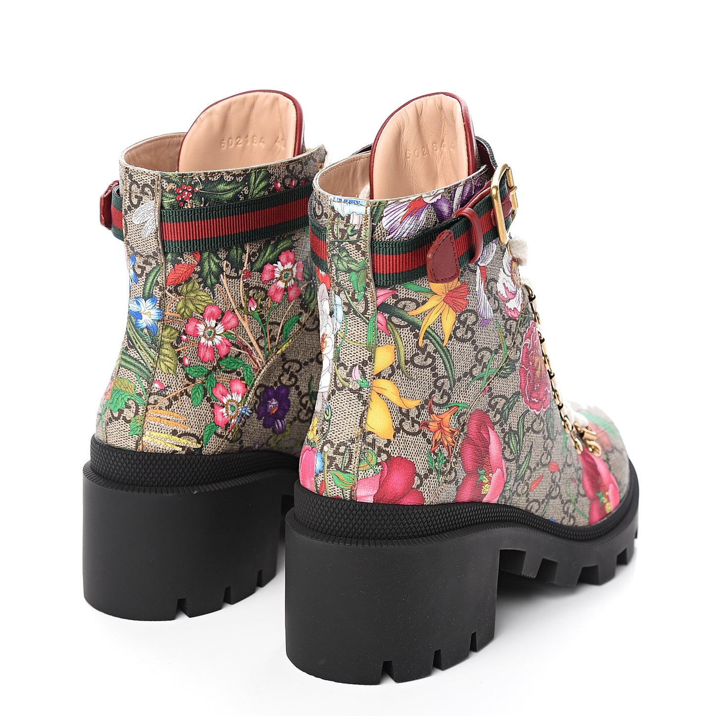 GG Supreme Monogram Flora Lace Up Combat Ankle Boots 40 Beige Multicolor Red