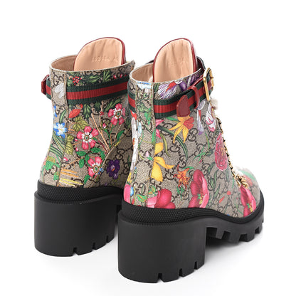 Gucci GG Supreme Monogram Flora Lace Up Combat Ankle Boots 40 Beige Multicolor Red 4 of 8
