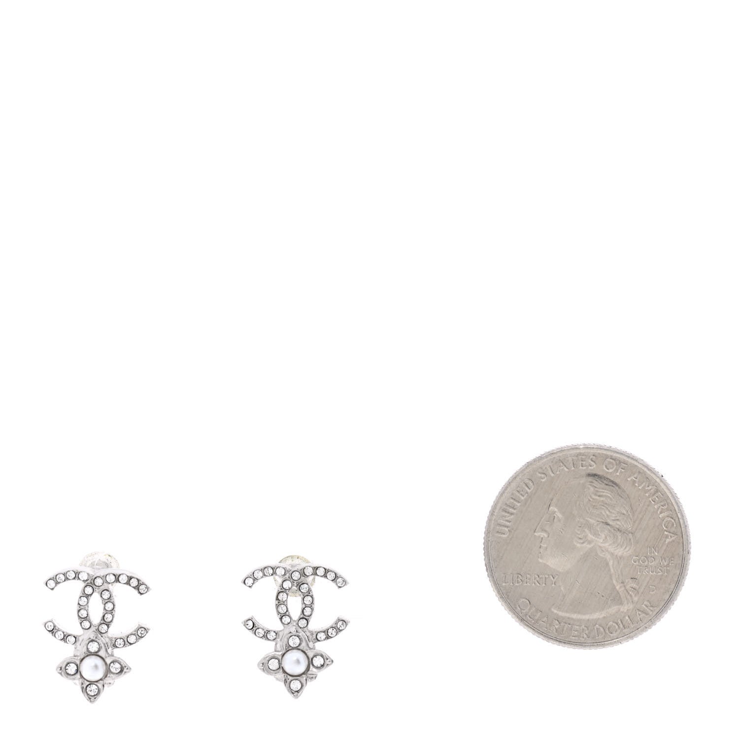 Chanel Crystal Pearl Flower CC Earrings Silver 2 of 4