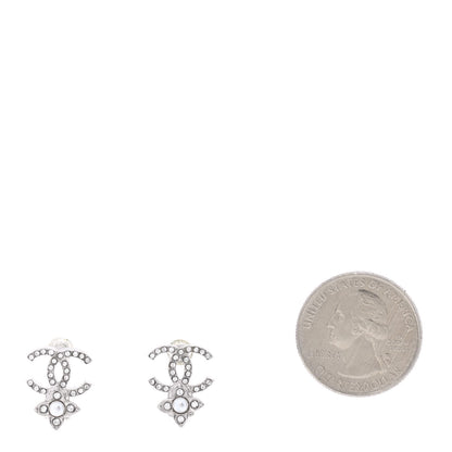 Chanel Crystal Pearl Flower CC Earrings Silver 2 of 4