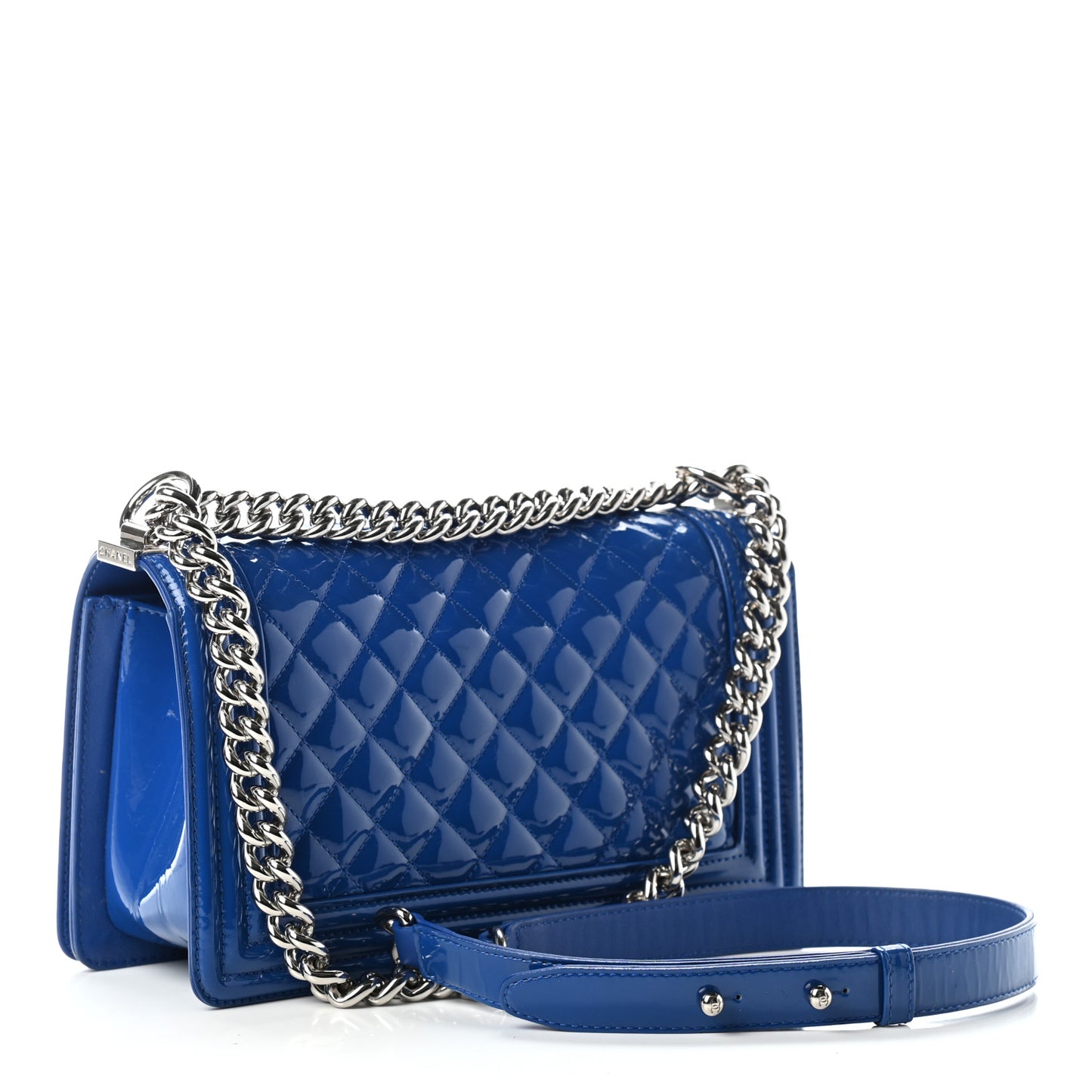 Patent Calfskin Quilted Medium Plexiglass Boy Flap Blue