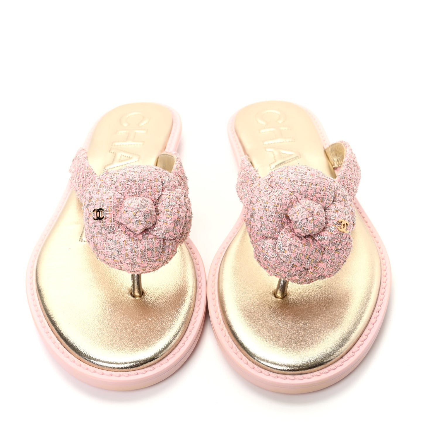 Tweed Quilted Camellia Thong Sandals 38 Salmon Apricot Gold