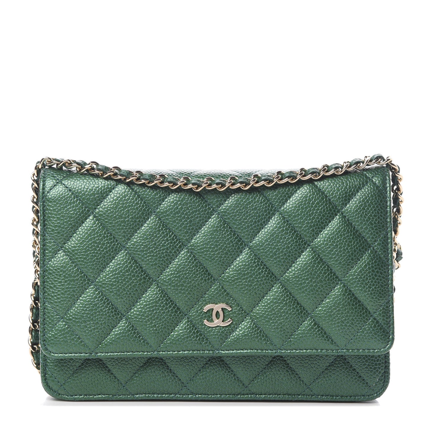 Metallic Caviar Quilted Wallet On Chain WOC Green