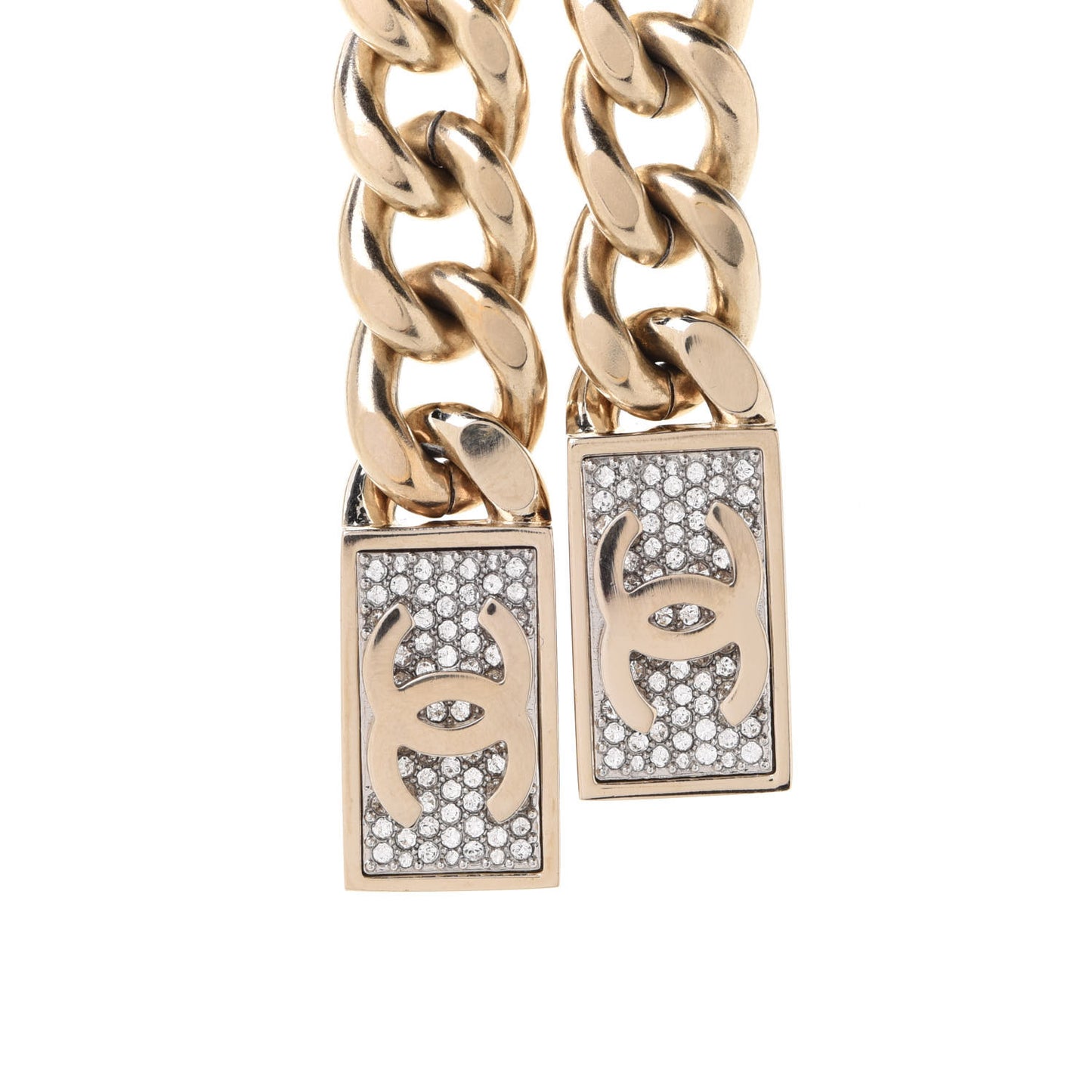 Chain Link Crystal CC Dog Tag Charm Necklace Gold