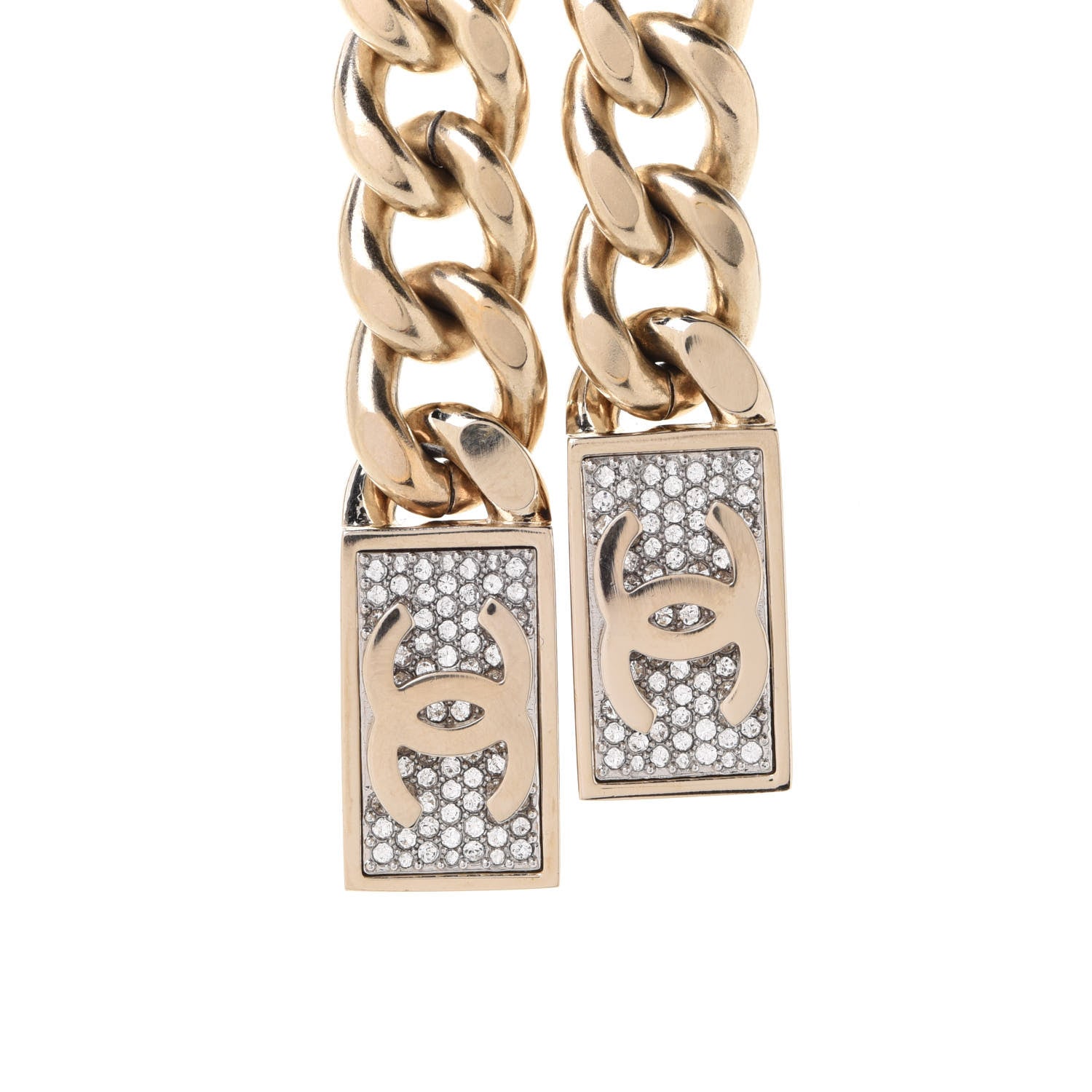 Chanel Chain Link Crystal CC Dog Tag Charm Necklace Gold 5 of 7