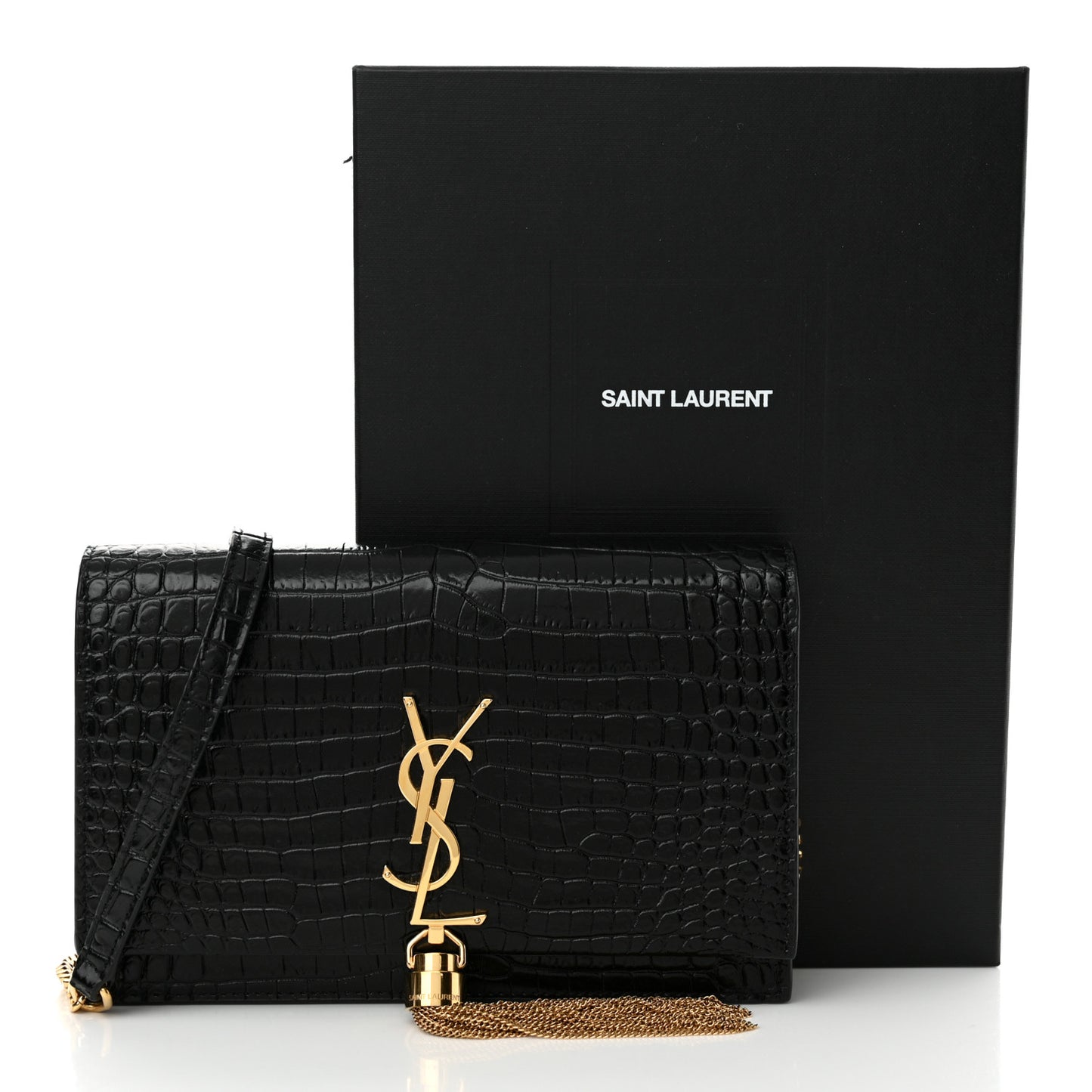 Calfskin Crocodile Embossed Kate Monogram Tassel Chain Wallet Black
