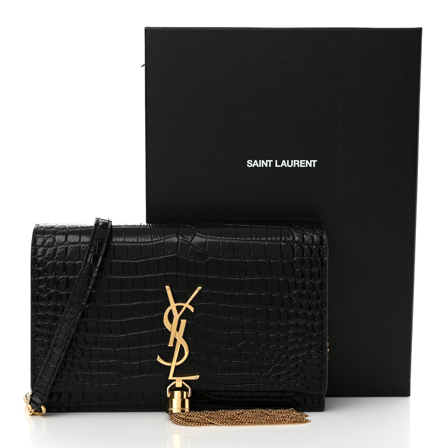 Saint Laurent Calfskin Crocodile Embossed Kate Monogram Tassel Chain Wallet Black 12 of 12