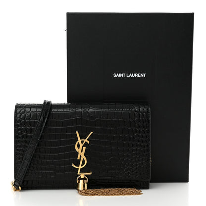 Saint Laurent Calfskin Crocodile Embossed Kate Monogram Tassel Chain Wallet Black 12 of 12