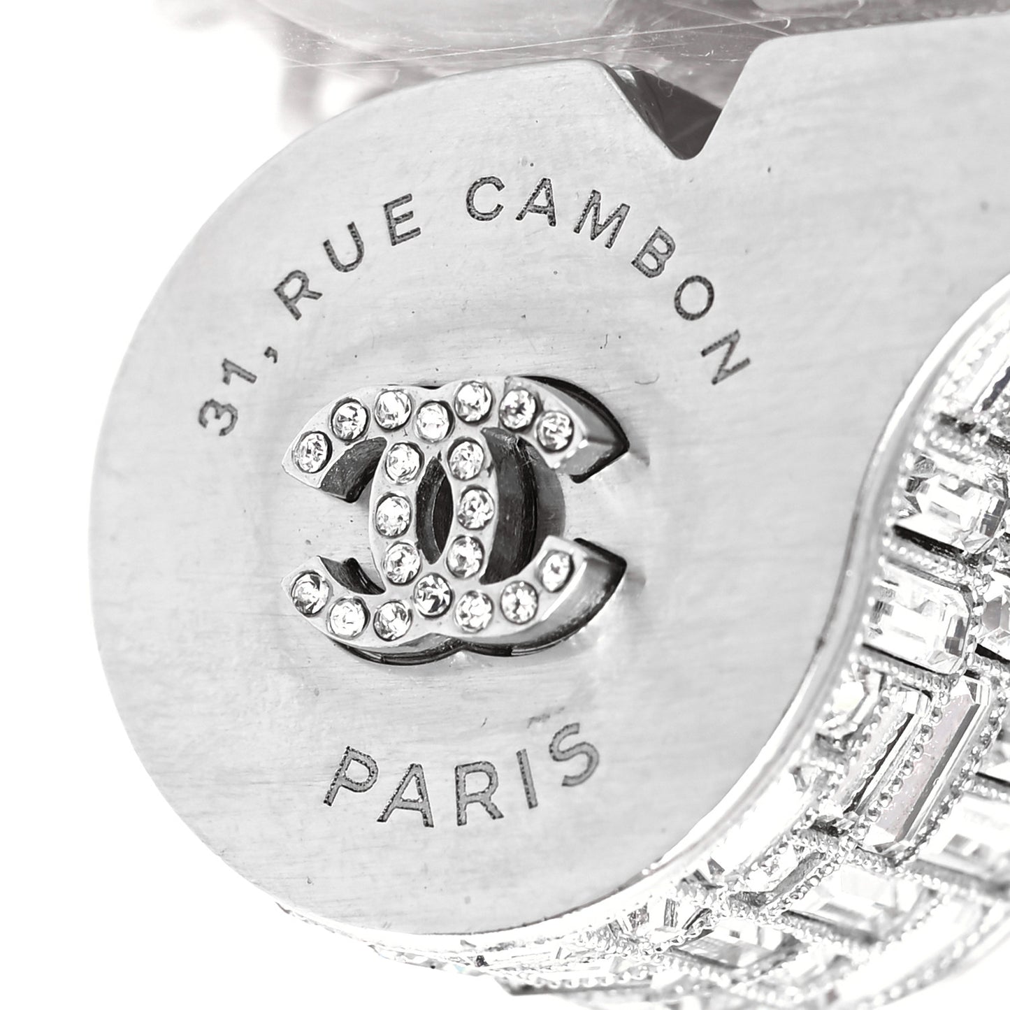 Crystal Baguette CC Whistle Pendant Necklace Silver