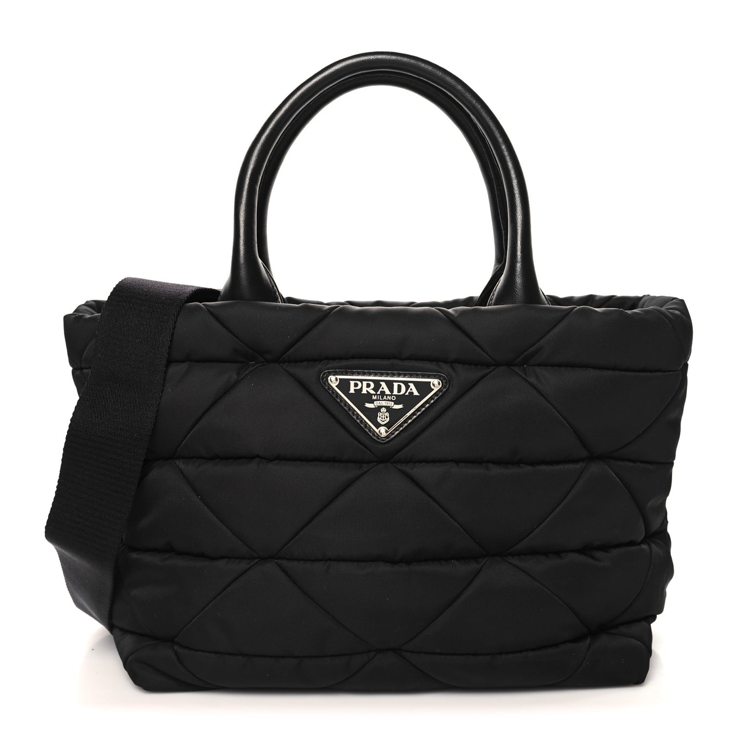 Re-Nylon Nappa Triangle Quilted Padded Small Double Handled Zip Tote Black