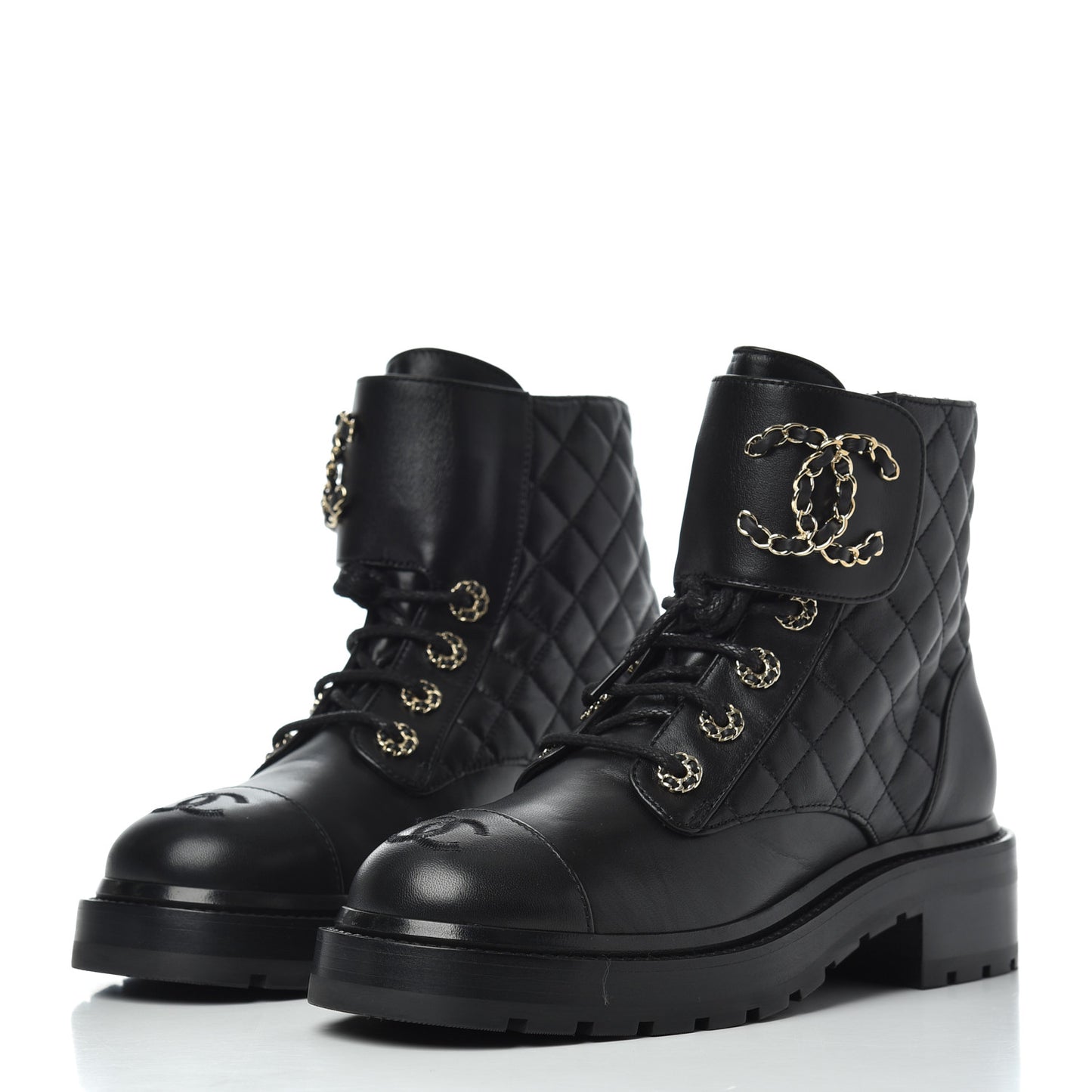 Shiny Lambskin Quilted Lace Up Combat Boots 36.5 Black