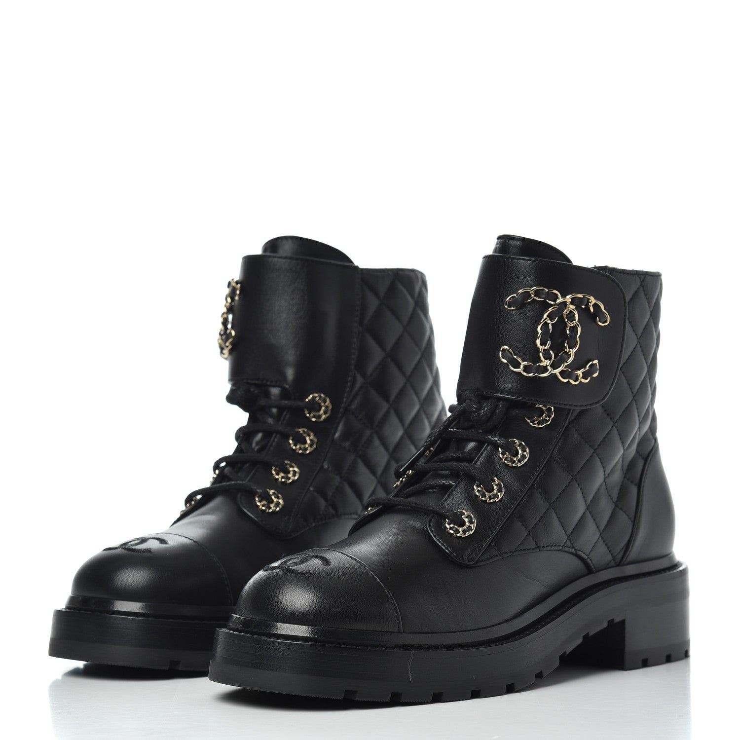 Chanel Shiny Lambskin Quilted Lace Up Combat Boots 36.5 Black 3 of 17