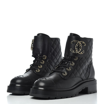 Chanel Shiny Lambskin Quilted Lace Up Combat Boots 36.5 Black 3 of 17