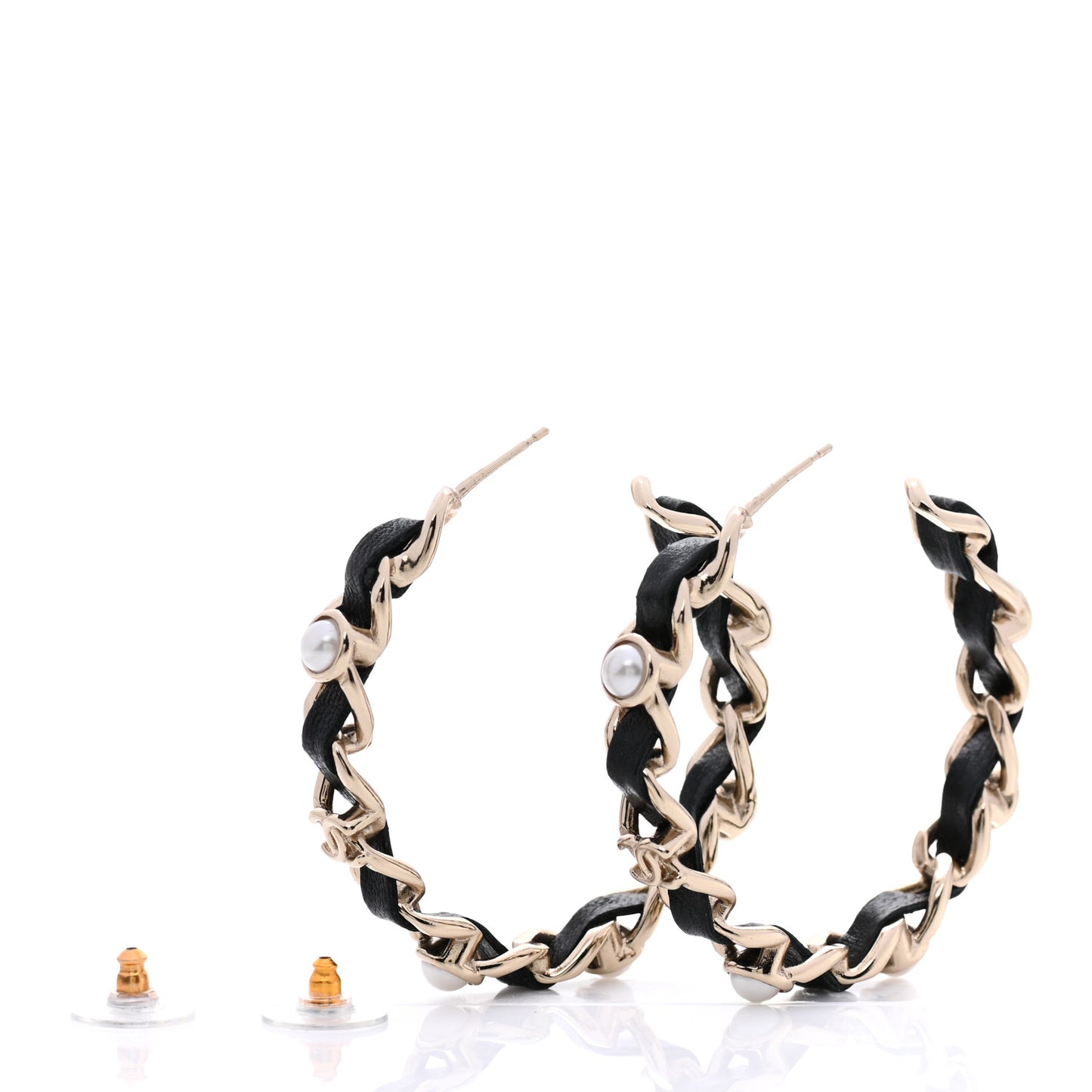 Lambskin Pearl CC Chain Hoop Earrings Gold Black