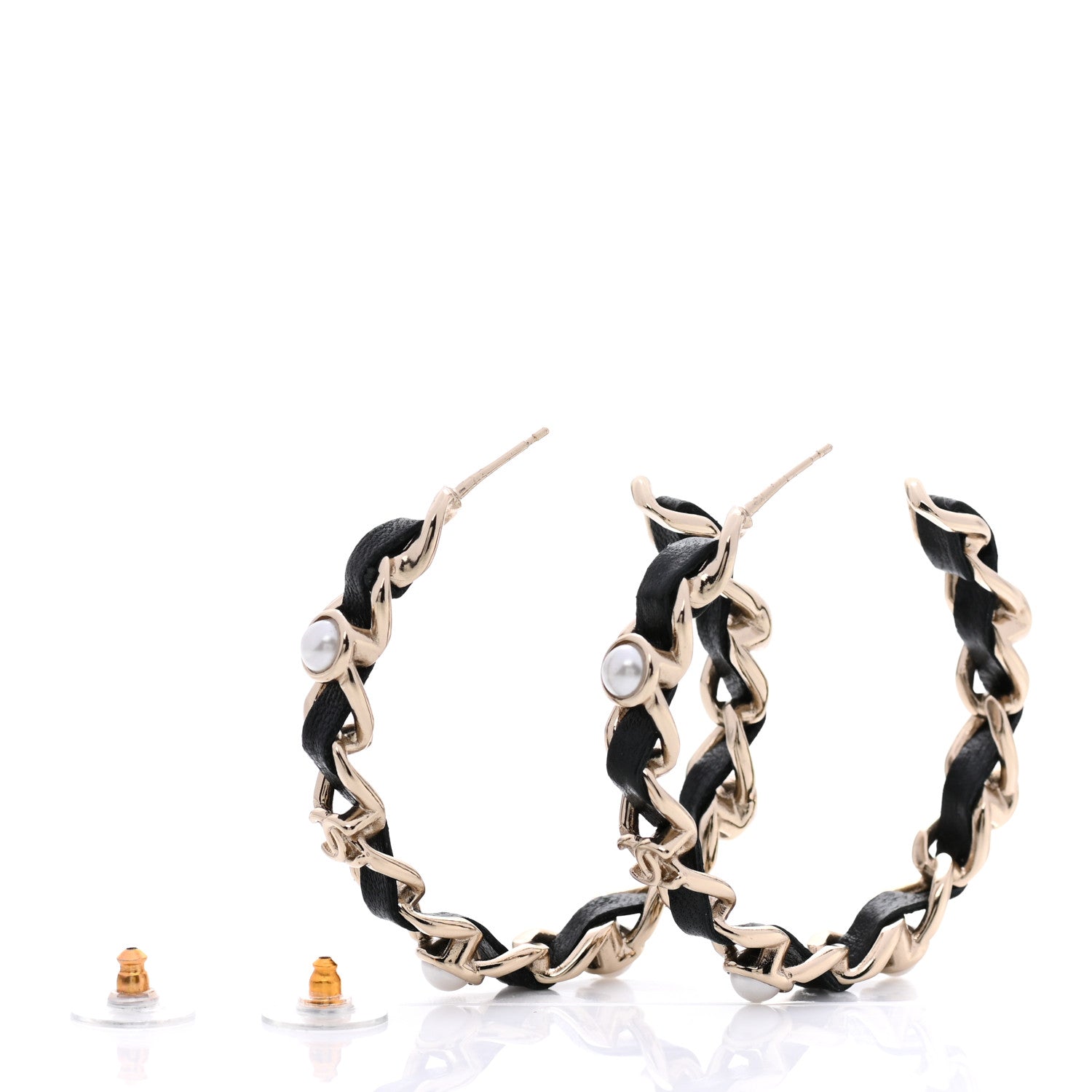 Chanel Lambskin Pearl CC Chain Hoop Earrings Gold Black 4 of 5