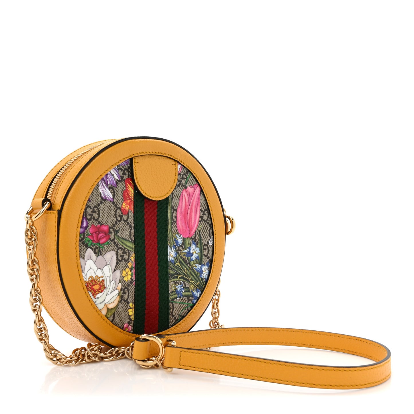 GG Supreme Monogram Flora Web Mini Ophidia Round Shoulder Bag Beige Multicolor Crop