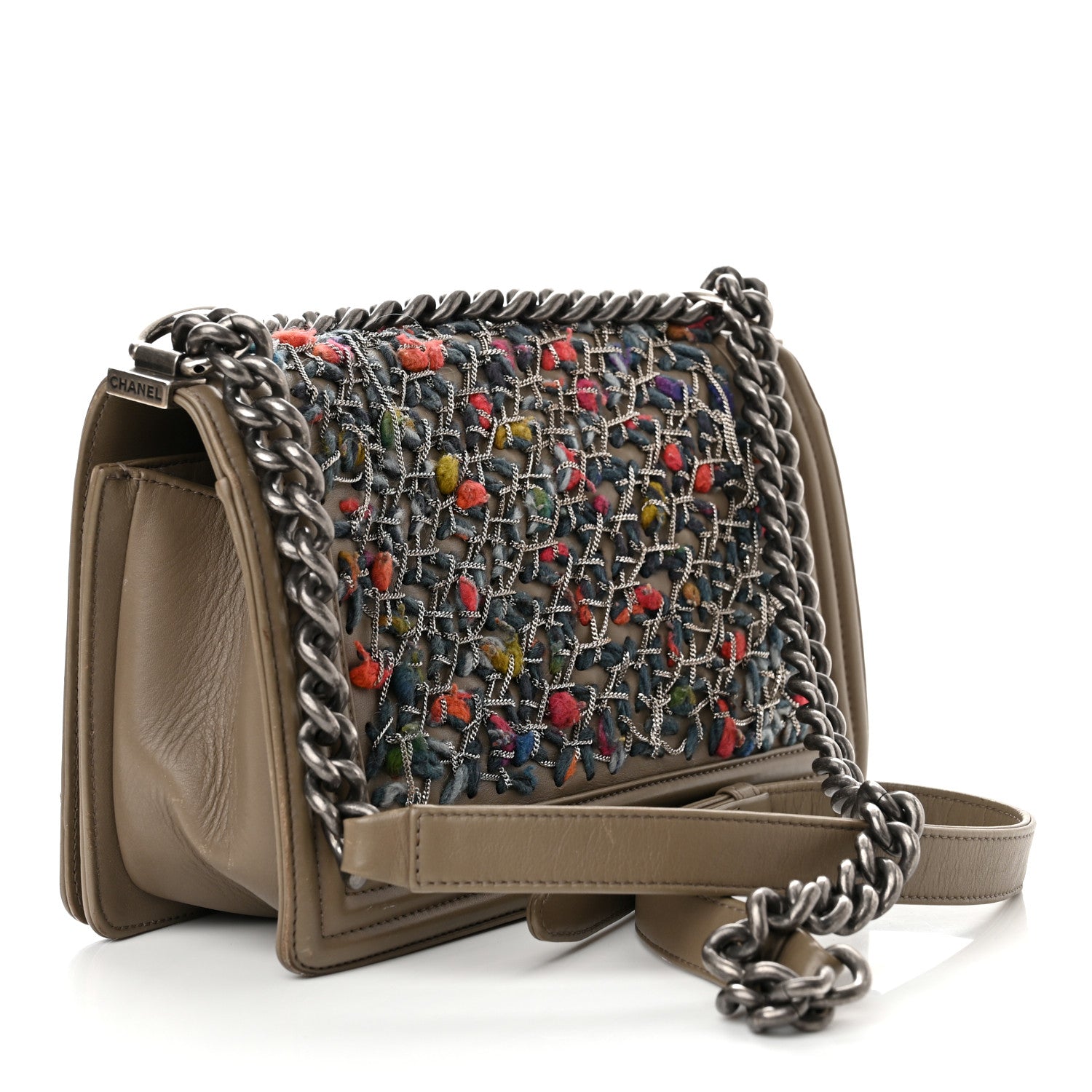 Chanel Calfskin Tweed Medium Boy Flap Dark Beige 2 of 12