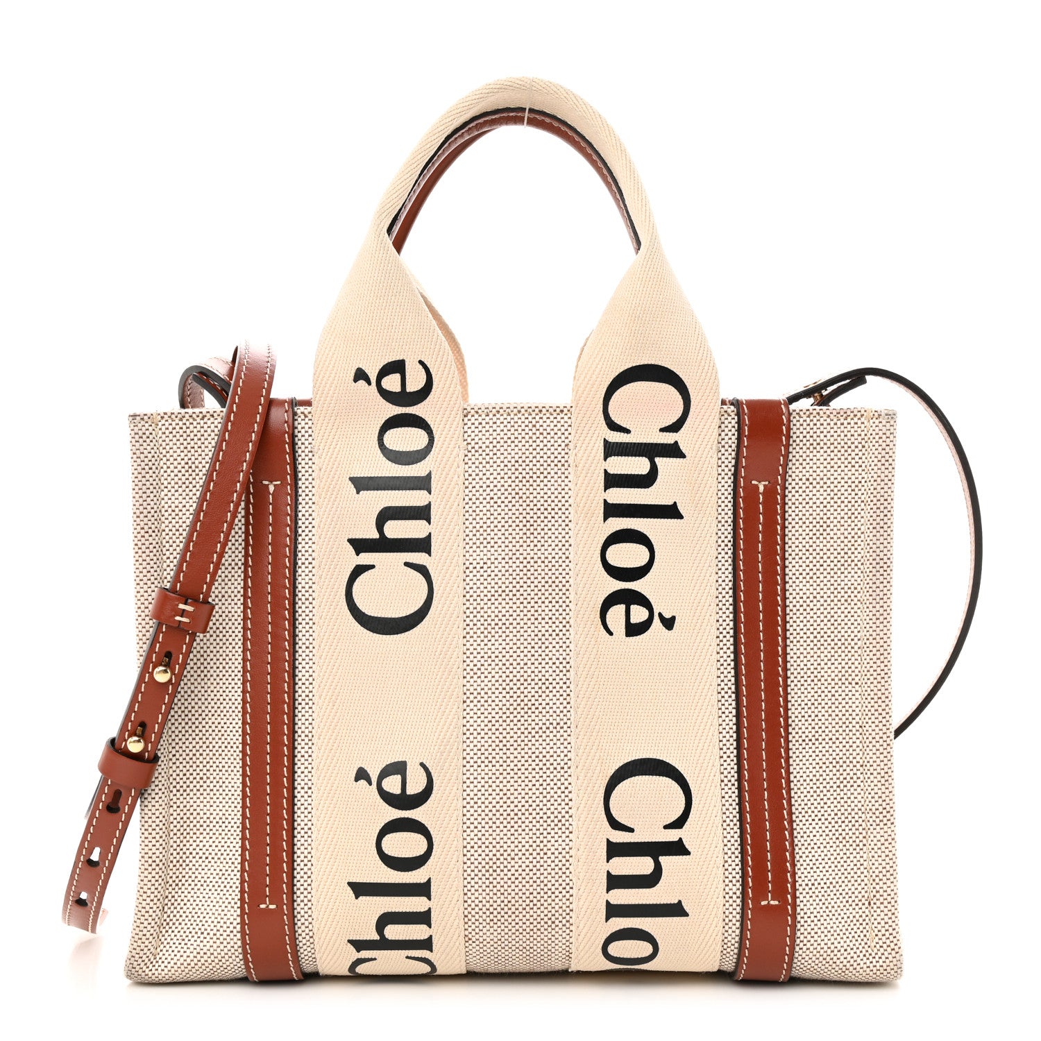 Chloe Cotton Calfskin Small Woody Ribbon Tote With Strap White Brown 1 of 11