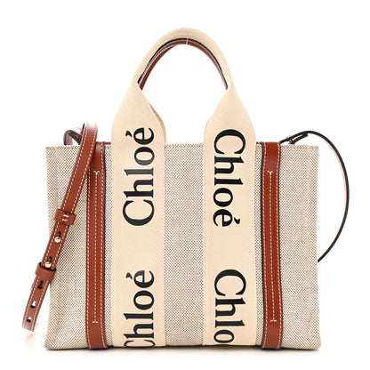Chloe Cotton Calfskin Small Woody Ribbon Tote With Strap White Brown 1 of 11