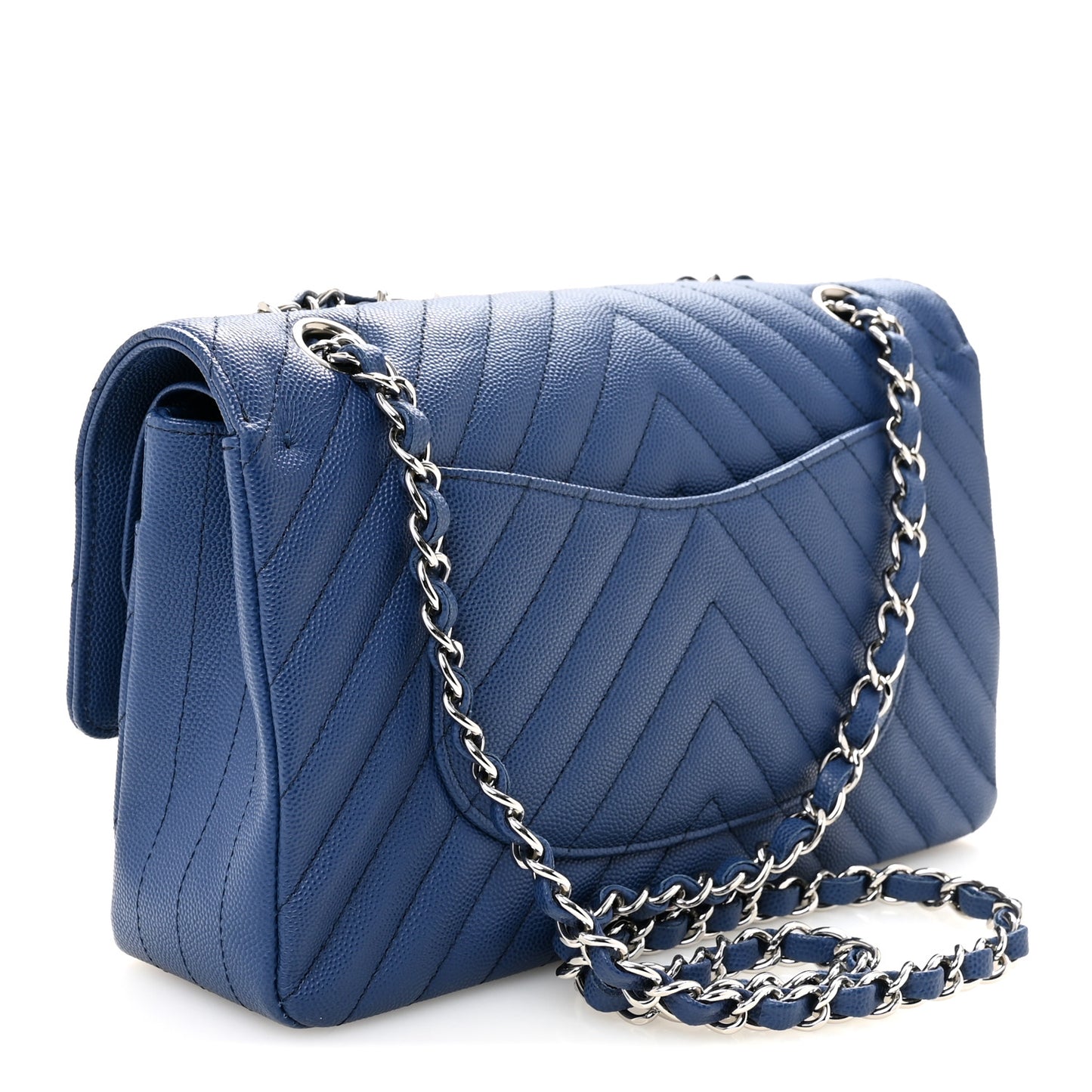 Caviar Chevron Quilted Medium Double Flap Blue