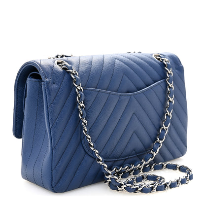 Chanel Caviar Chevron Quilted Medium Double Flap Blue 3 of 10