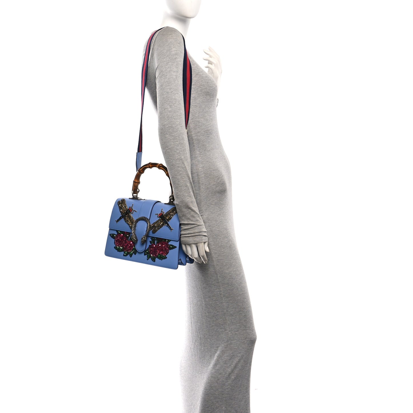 Calfskin Bamboo Web Embroidered Medium Dionysus Top Handle Bag Light Blue