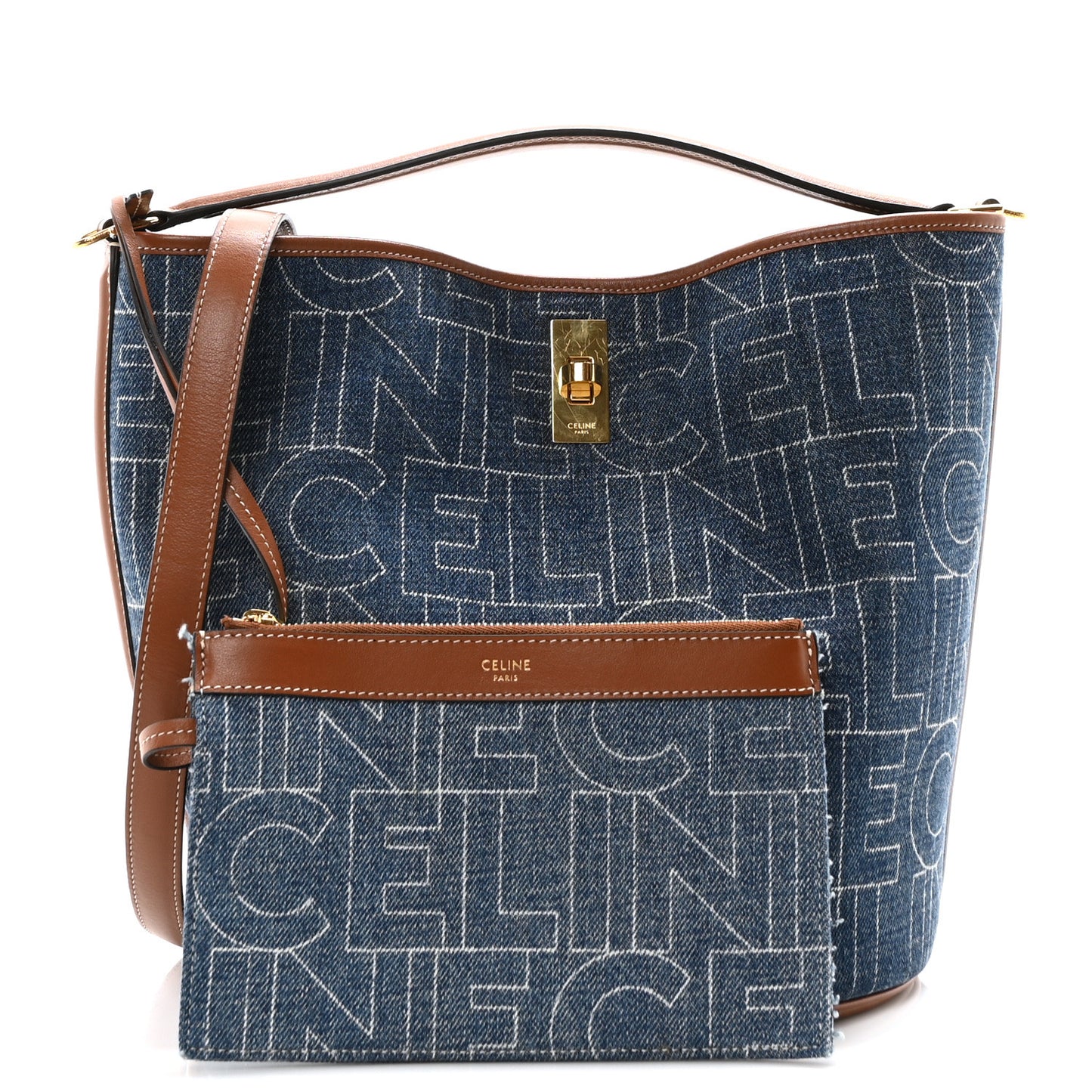 Denim Calfskin Logo Bucket 16 Bag Blue