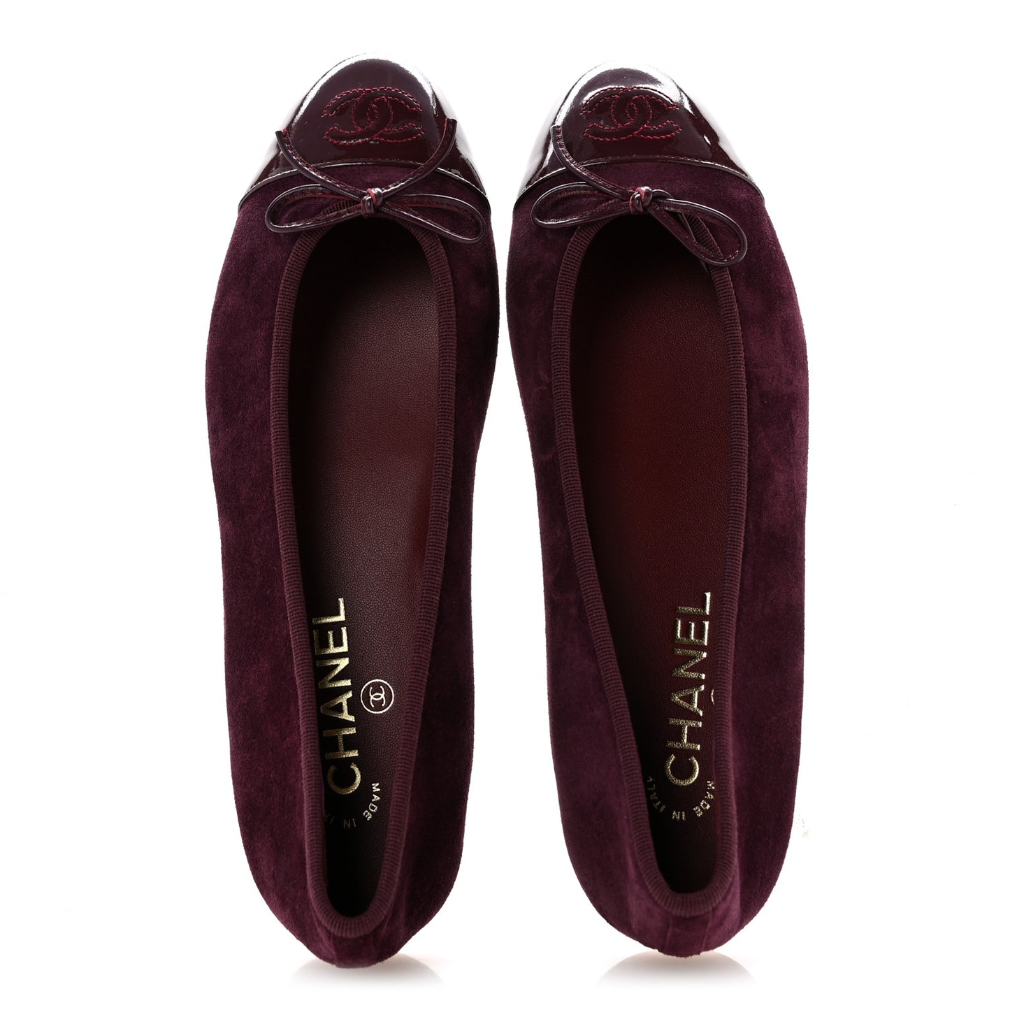 Suede Patent Calfskin Cap Toe CC Ballerina Flats 40 Burgundy