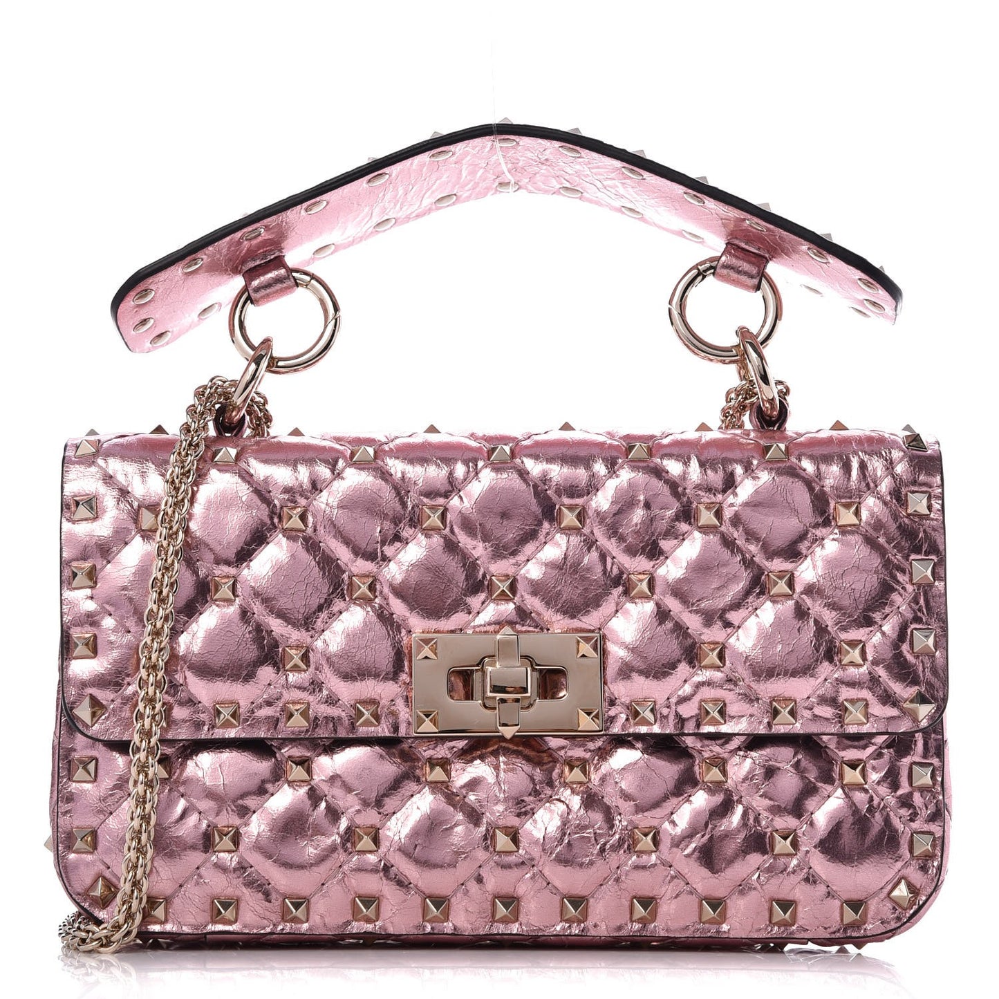 Metallic Wrinkled Lambskin Small Rockstud Spike Shoulder Bag Lipstick