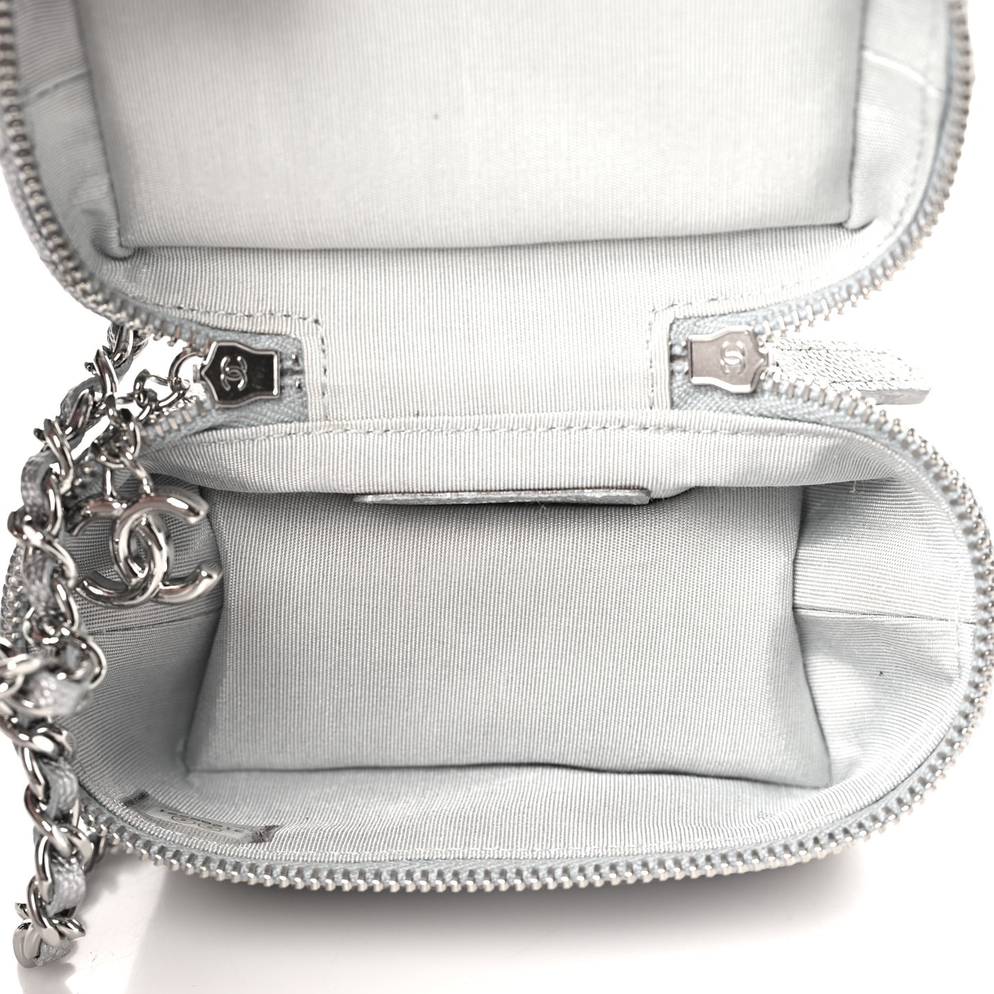 Metallic Caviar Quilted Mini Top Handle Vanity With Chain Silver