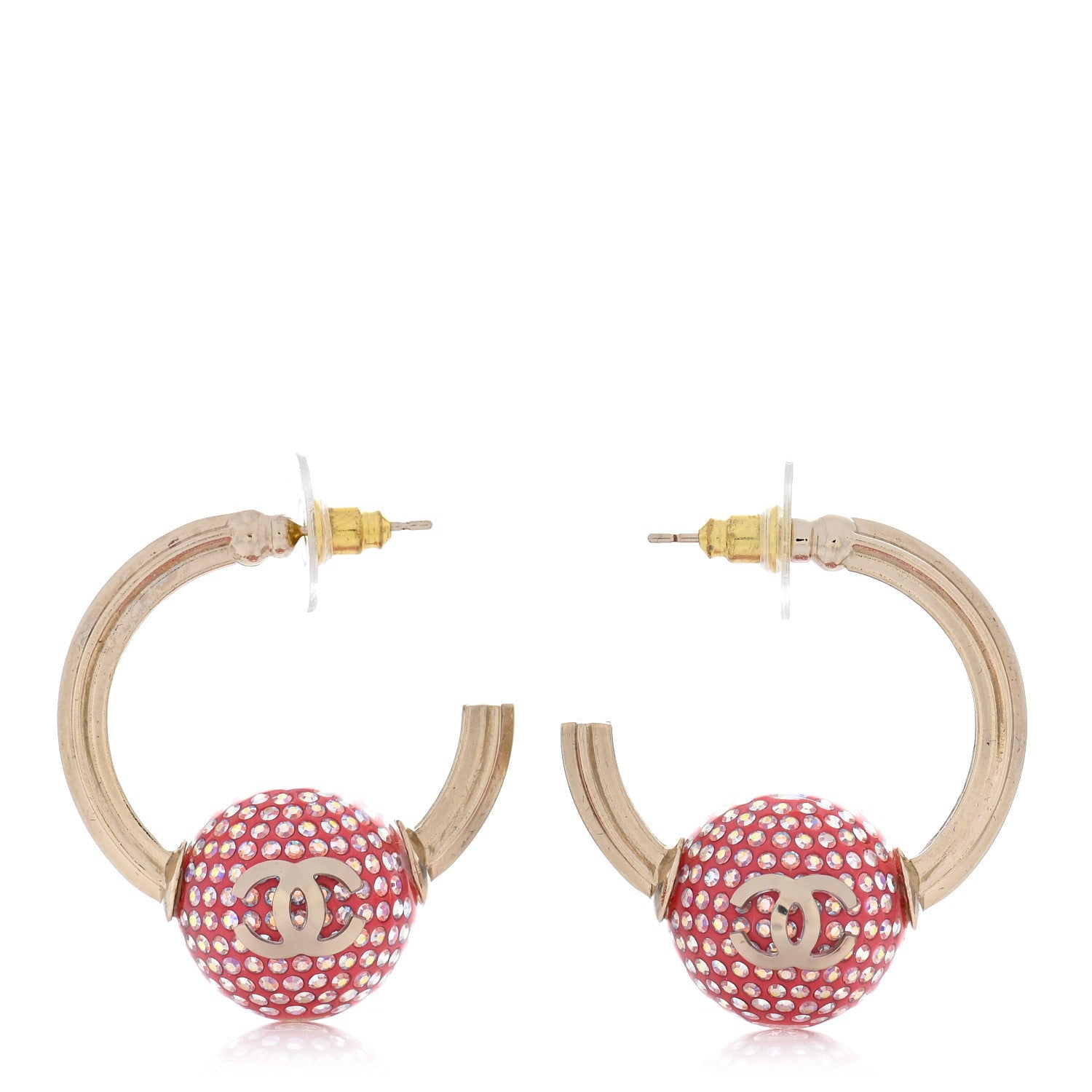 Chanel Crystal CC Ball Hoop Earrings Pink Gold 1 of 5