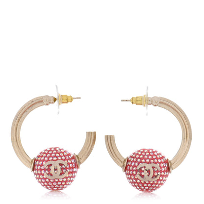 Chanel Crystal CC Ball Hoop Earrings Pink Gold 1 of 5