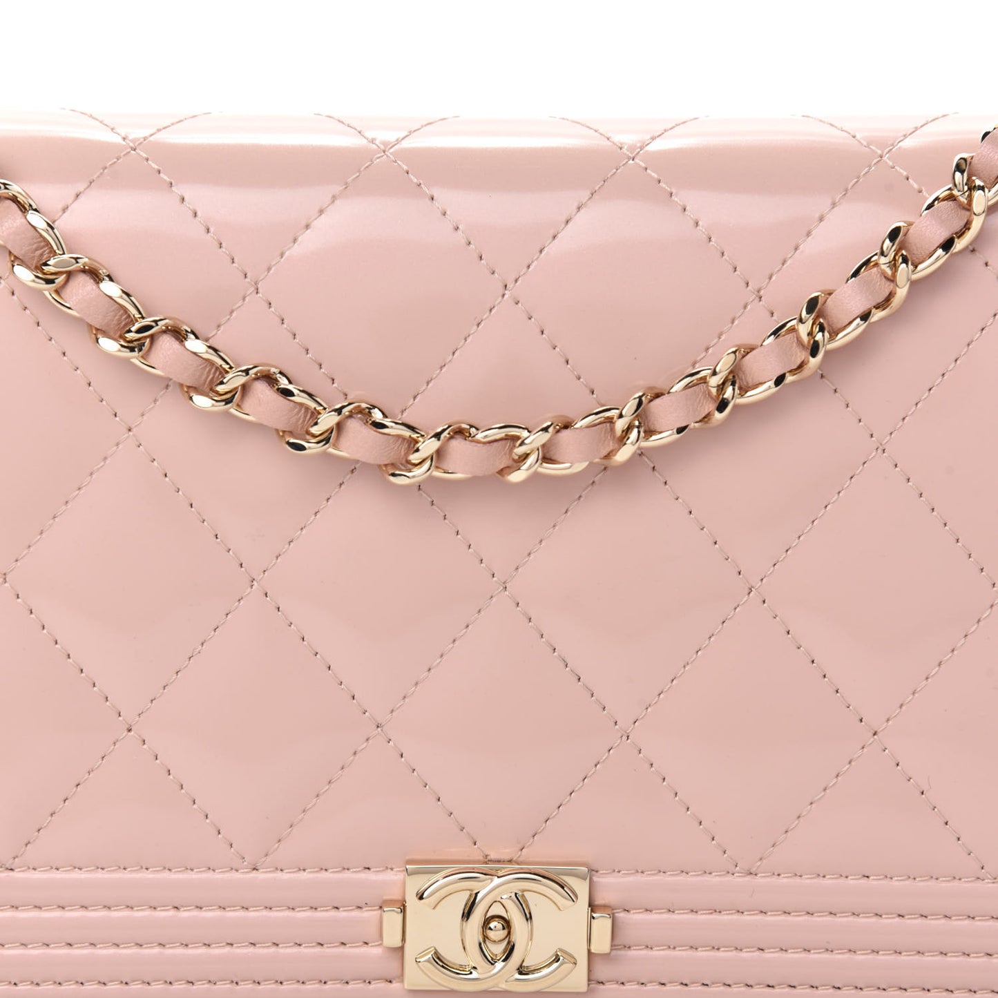 Iridescent Calfskin Quilted Boy Wallet on Removable Chain Light Pink