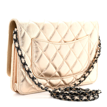Chanel Metallic Lambskin Quilted Wallet On Chain WOC Gold Black 3 of 12