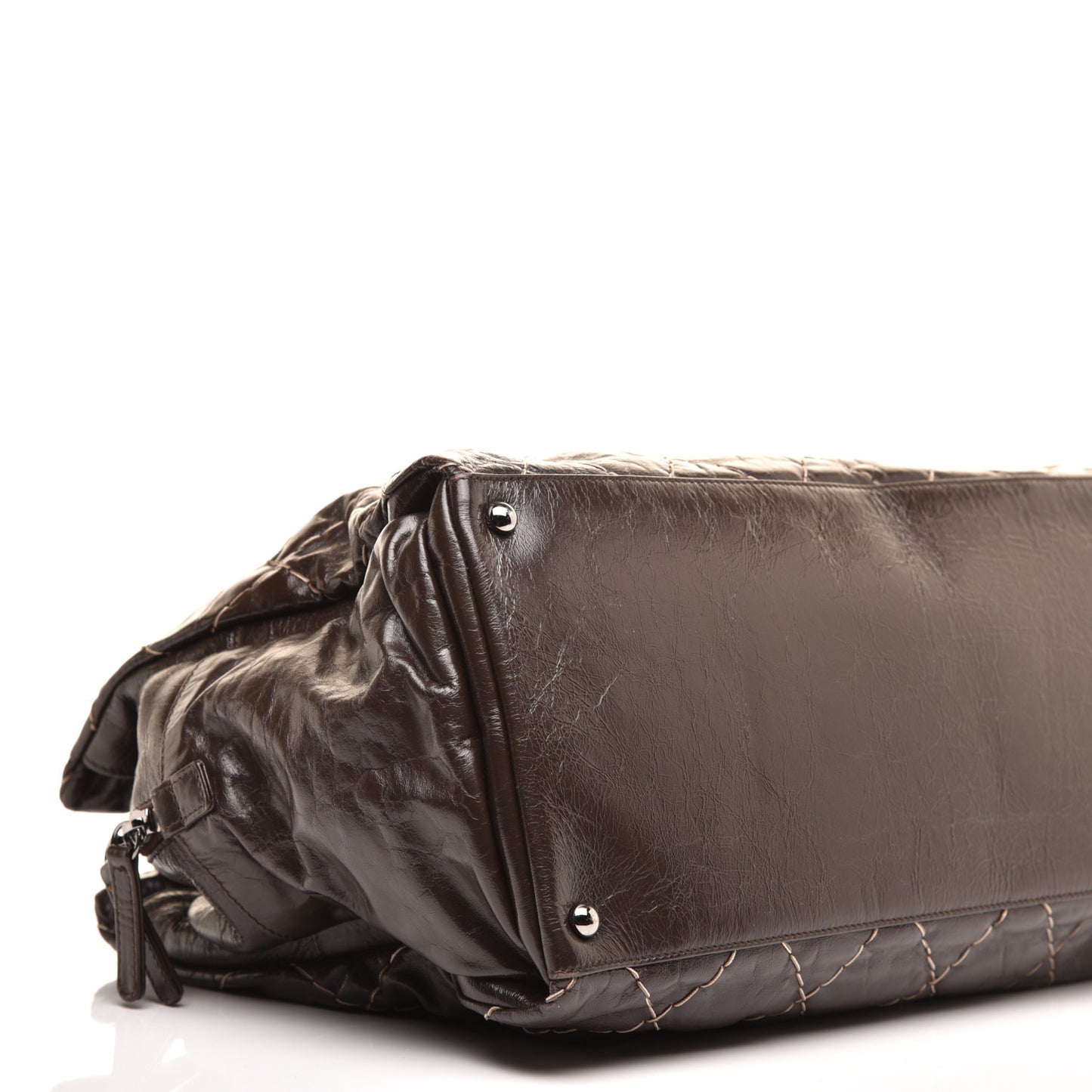 Glazed Goatskin Double Contrast Stitch Large Tote Brown