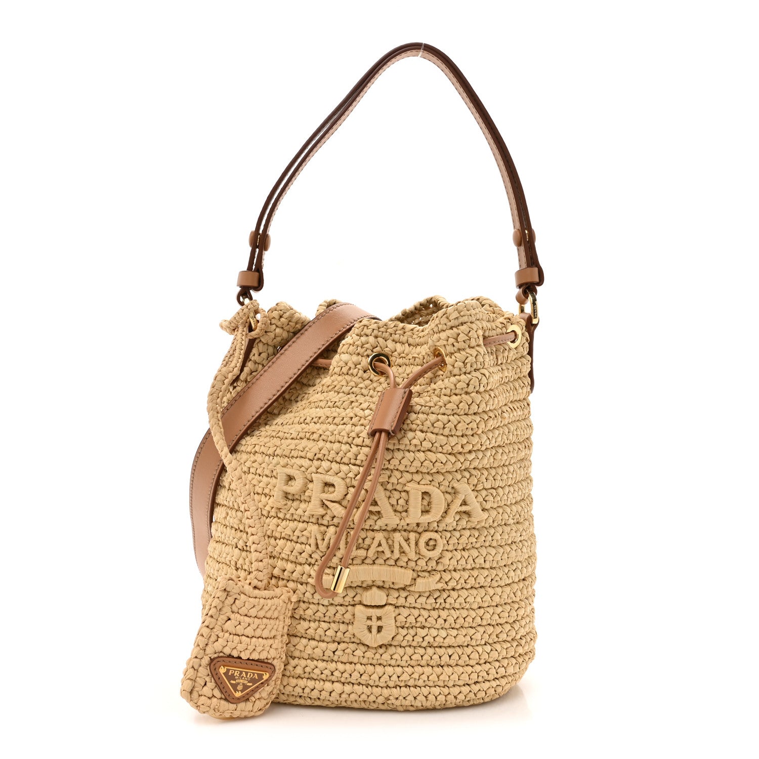 Prada Yarn Raffia Effect Crochet Small Bucket Bag Naturale 1 of 10