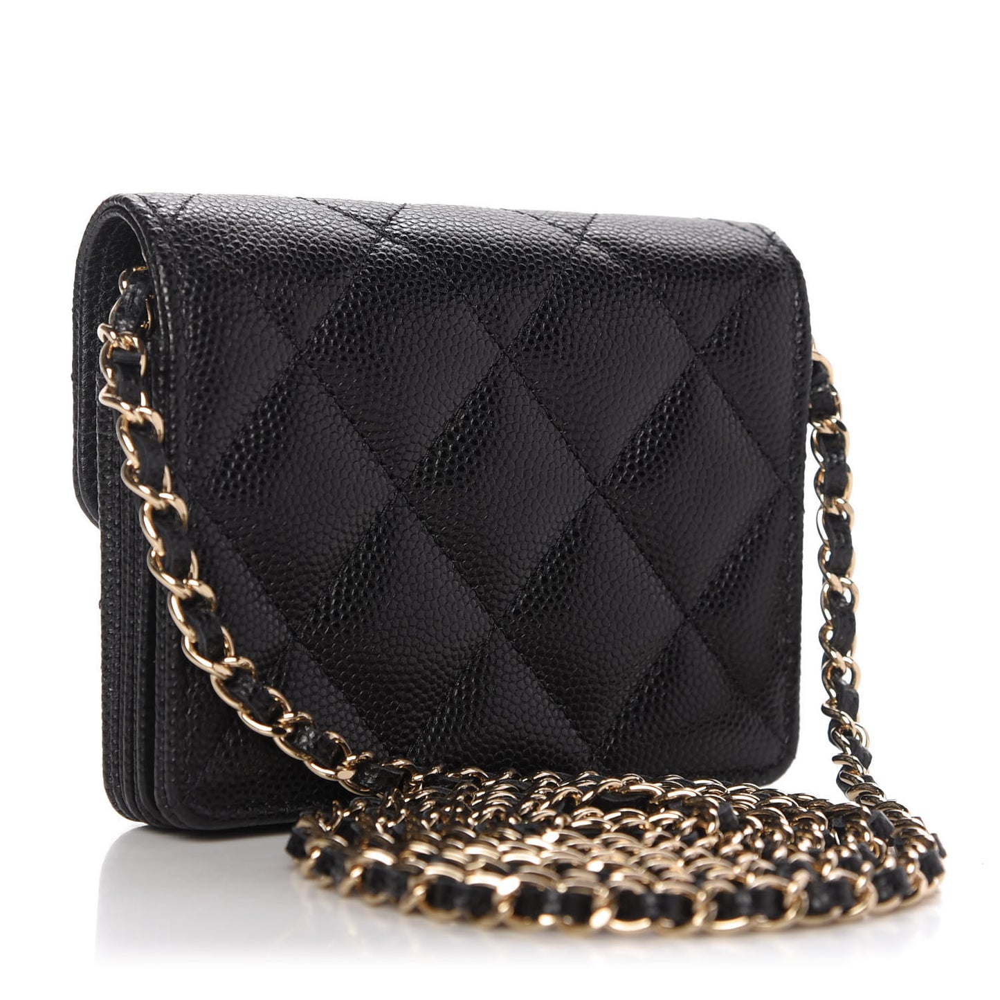 Caviar Quilted Flap Card Holder On Chain Black