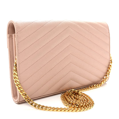 Saint Laurent Grain De Poudre Matelasse Chevron Monogram Chain Wallet Pale Pink 3 of 9