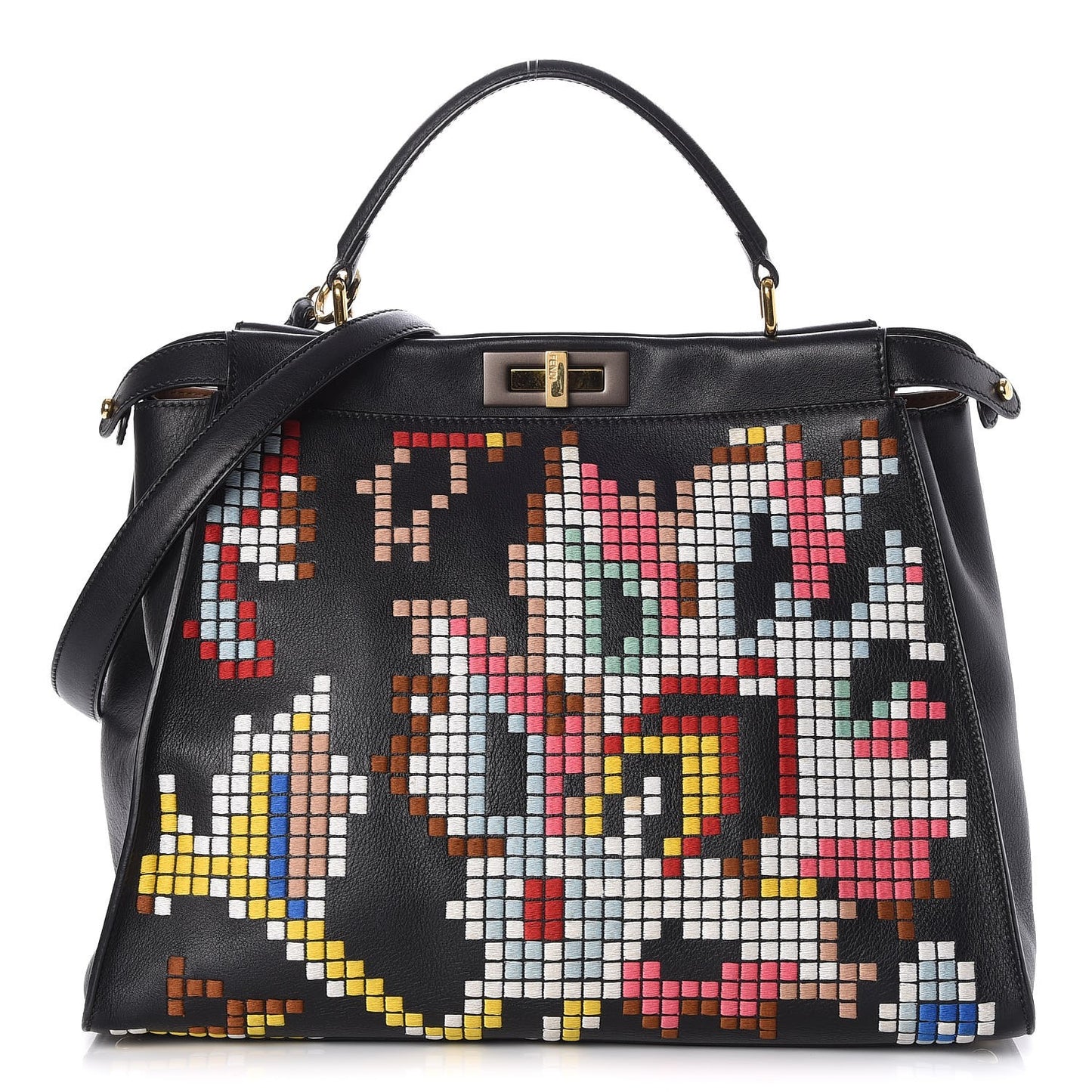 Calfskin Pixel Embroidered Large Peekaboo Iconic Satchel Black